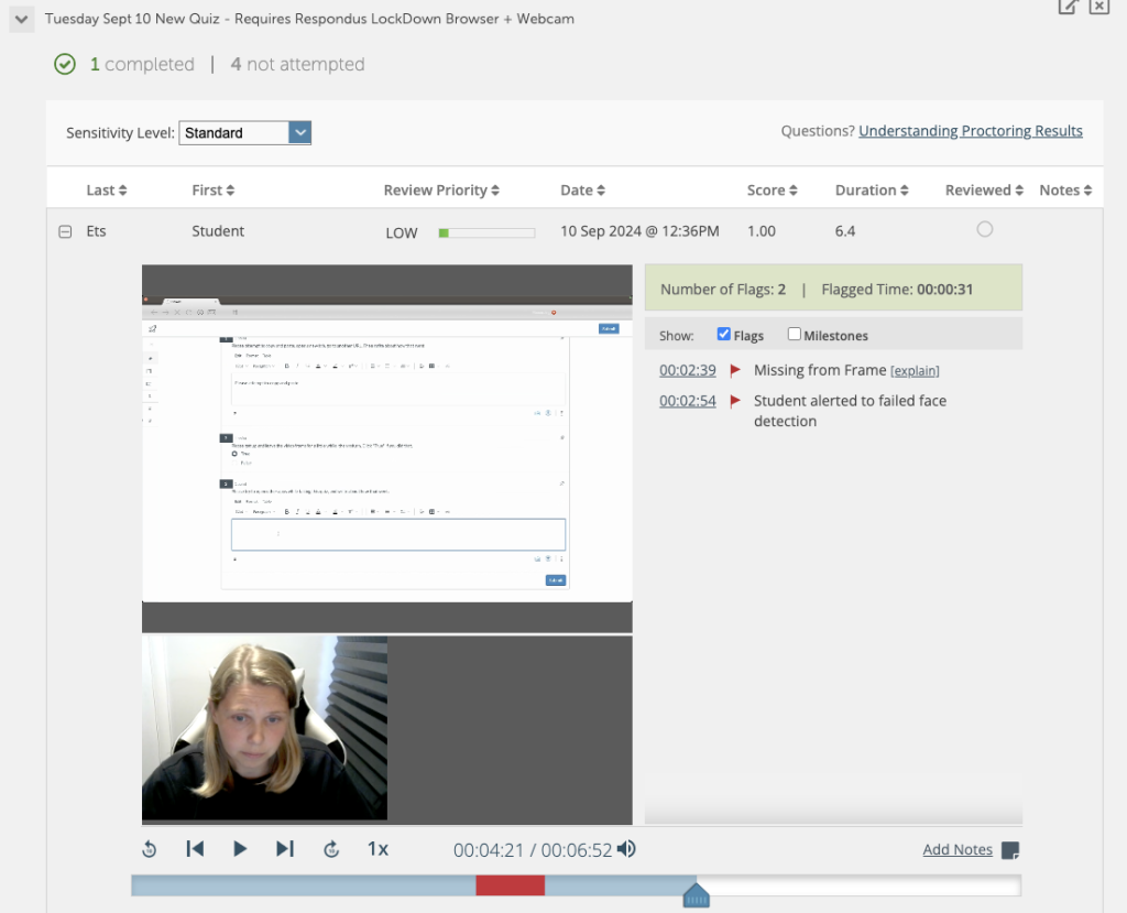 Screenshot of Respondus Monitor review session